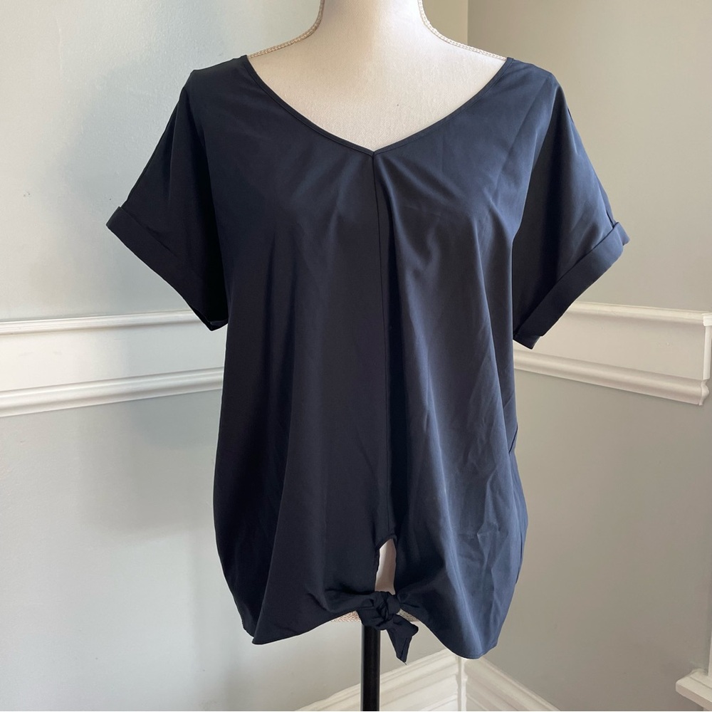 Juicy Couture XL Navy Blue V-Neck Top Tie Front Blouse Womens short Sleeve